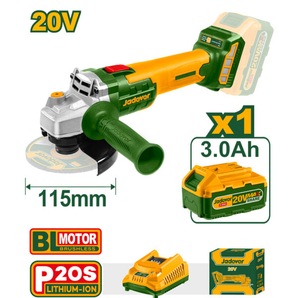 JADEVER JDLAPM21 ΤΡΟΧΟΣ ΓΩΝΙΑΚΟΣ ΜΠΑΤΑΡΙΑΣ 20V 115mm ΣΕΤ ΜΕ 3Αh - Image 1